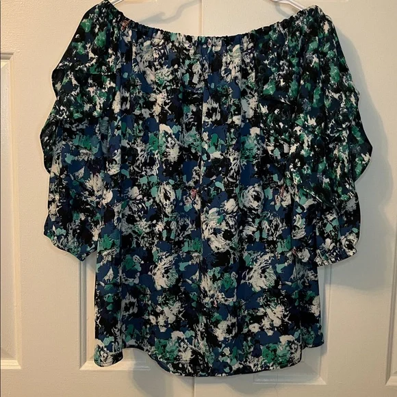 NY Collection Blouse Top Off Shoulder 3/4‎ Sleeve Fun Pattern Size S - Picture 5 of 7